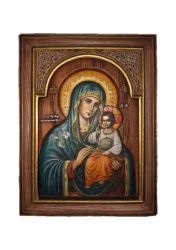 Icoana lemn pictat in relief  MD Crin Icoana Fecioara Maria cu Pruncul 
