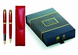 Seturi instrumente de scris Set Parker Sonnet rosu accesorii aurite cu etui piele