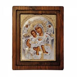 Icoana lemn pictat in relief Sf.Gheorghe Icoana Maica Domnului Axionita 16,5x20 cm